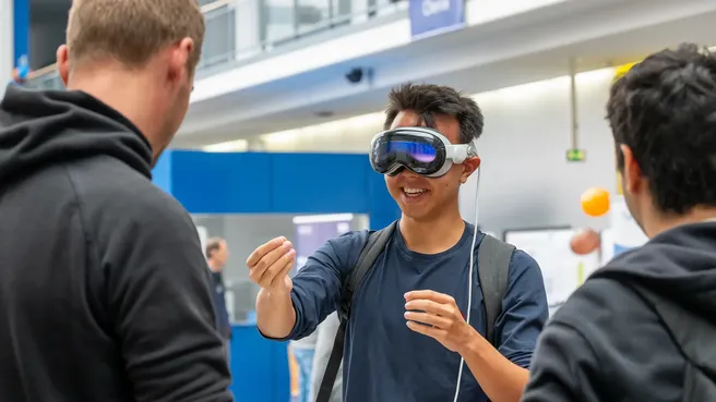 Mann mit VR Brille bei der TUM School of CIT