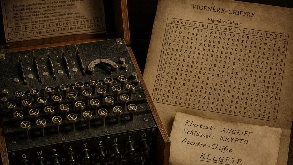 Vigenère Cipher Illustration of the Vigenère cipher with a historical cipher machine and encryption tables