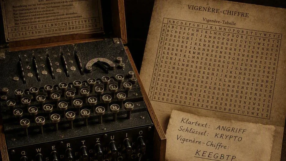 Darstellung der Vigenère-Chiffre mit historischer Chiffriermaschine und Verschlüsselungstabellen