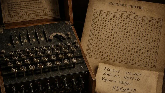 Darstellung der Vigenère-Chiffre mit historischer Chiffriermaschine und Verschlüsselungstabellen