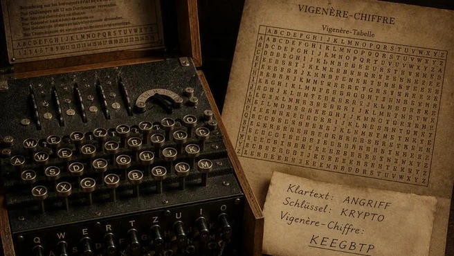 Illustration of the Vigenère cipher with a historical cipher machine and encryption tables